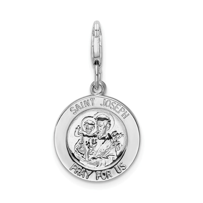 Million Charms 925 Sterling Silver With Rhodium-Plated Religious Saint Joseph Medal With Lobster Clasp Charm