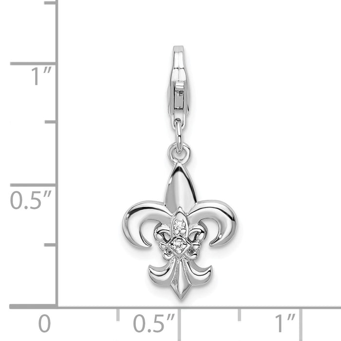 Million Charms 925 Sterling Silver With Rhodium-Plated (Cubic Zirconia) CZ Polished Fleur De Lis With Lobster Clasp Charm