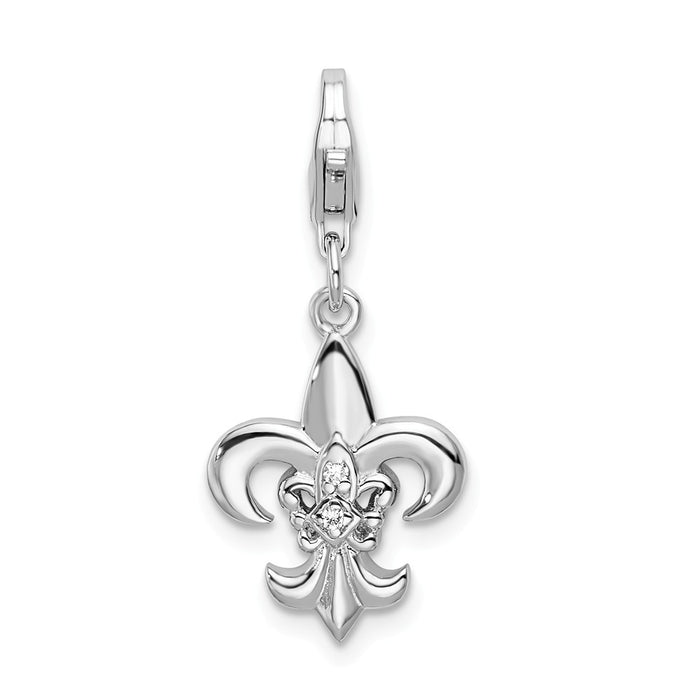 Million Charms 925 Sterling Silver With Rhodium-Plated (Cubic Zirconia) CZ Polished Fleur De Lis With Lobster Clasp Charm