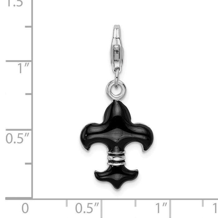 Million Charms 925 Sterling Silver With Rhodium-Plated Black Enameled Fleur De Lis With Lobster Clasp Charm