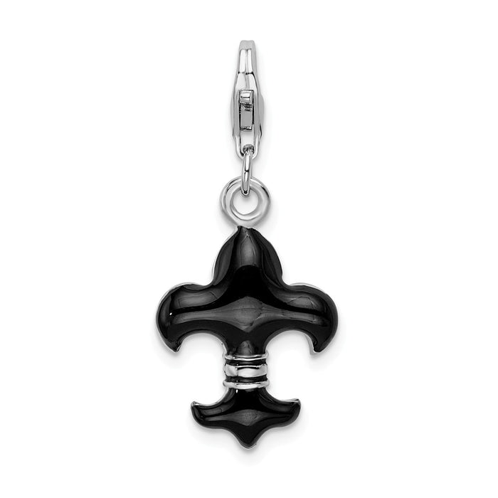 Million Charms 925 Sterling Silver With Rhodium-Plated Black Enameled Fleur De Lis With Lobster Clasp Charm