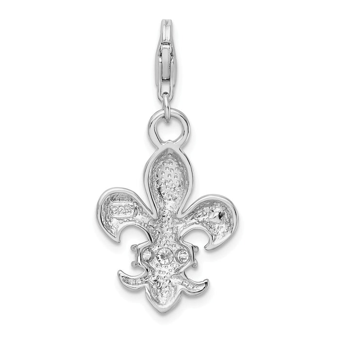 Million Charms 925 Sterling Silver With Rhodium-Plated (Cubic Zirconia) CZ Polished Fleur De Lis With Lobster Clasp Charm