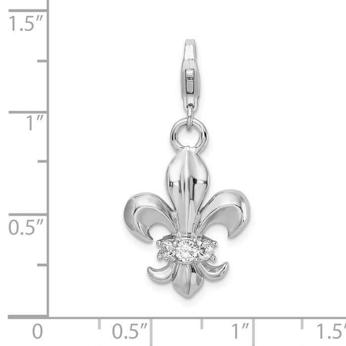 Million Charms 925 Sterling Silver With Rhodium-Plated (Cubic Zirconia) CZ Polished Fleur De Lis With Lobster Clasp Charm