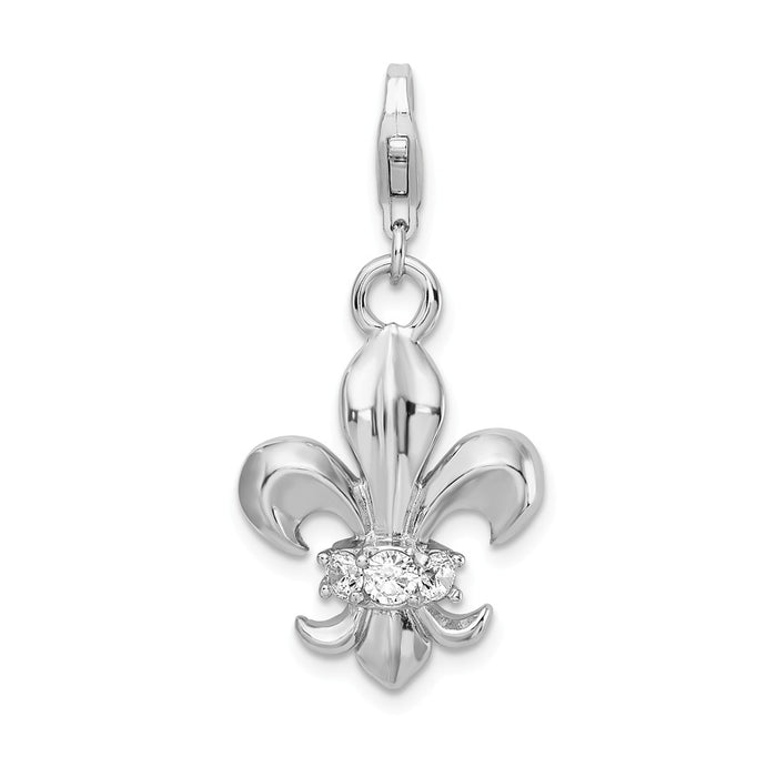 Million Charms 925 Sterling Silver With Rhodium-Plated (Cubic Zirconia) CZ Polished Fleur De Lis With Lobster Clasp Charm