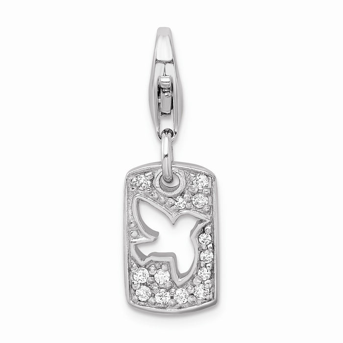 Million Charms 925 Sterling Silver With Rhodium-Plated (Cubic Zirconia) CZ Cut-Out Dove/Peace Clip-On With Lobster Clasp Charm