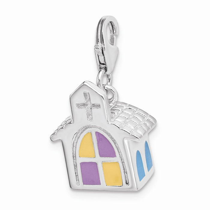 Million Charms 925 Sterling Silver With Rhodium-Plated 3-D Enameled Church With Lobster Clasp Charm