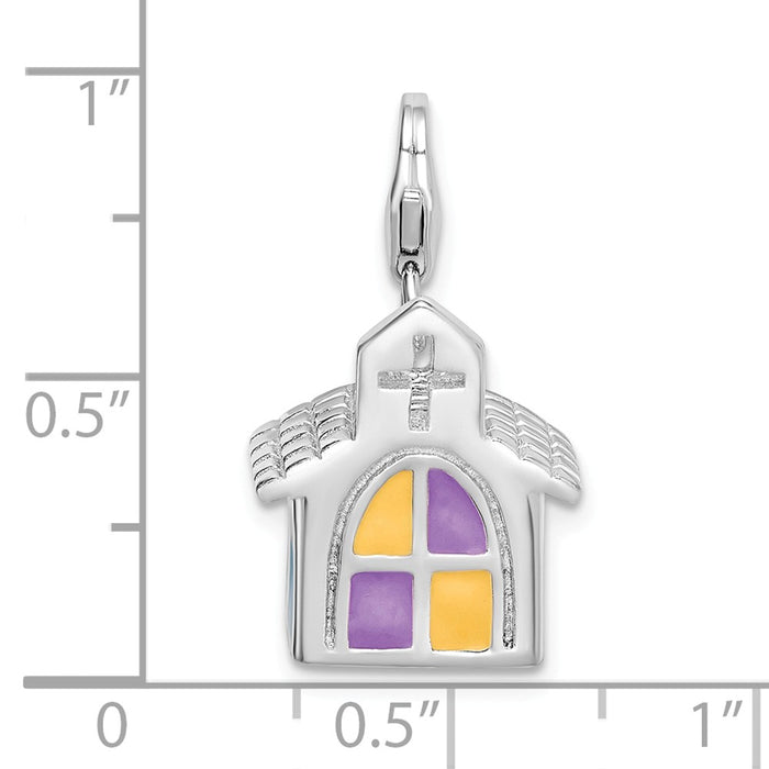 Million Charms 925 Sterling Silver With Rhodium-Plated 3-D Enameled Church With Lobster Clasp Charm