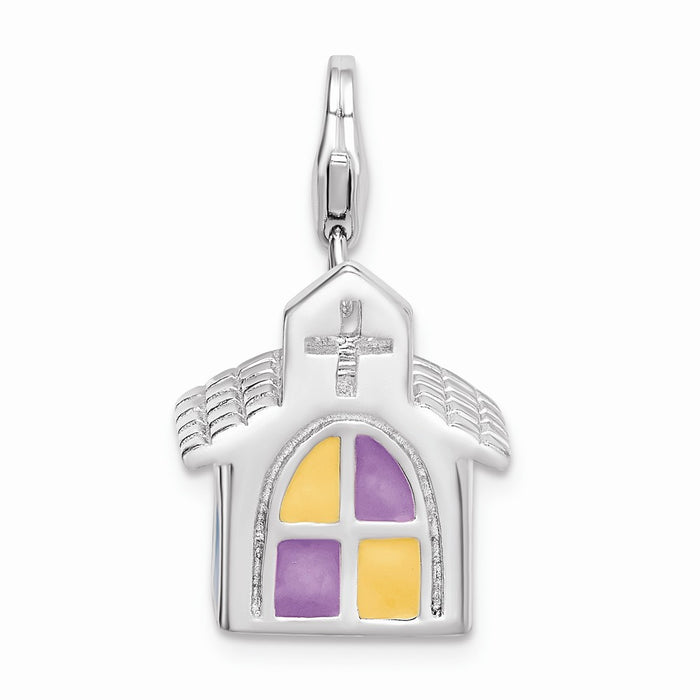 Million Charms 925 Sterling Silver With Rhodium-Plated 3-D Enameled Church With Lobster Clasp Charm