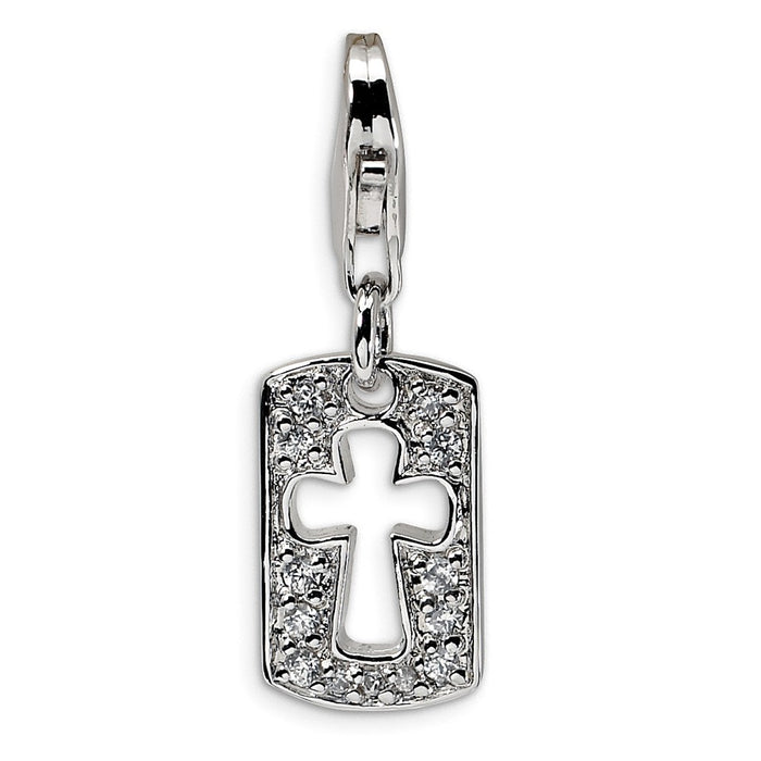 Million Charms 925 Sterling Silver With Rhodium-Plated (Cubic Zirconia) CZ Cut-Out Cross/Faith Clip-On With Lobster Clasp Charm