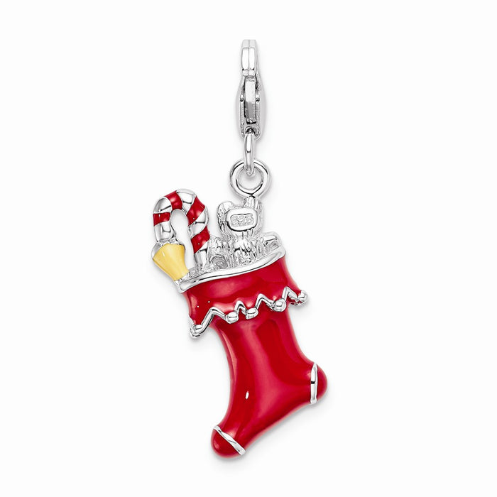 Million Charms 925 Sterling Silver With Rhodium-Plated 3-D Red Enameled Holiday Stocking With Lobster Clasp Charm