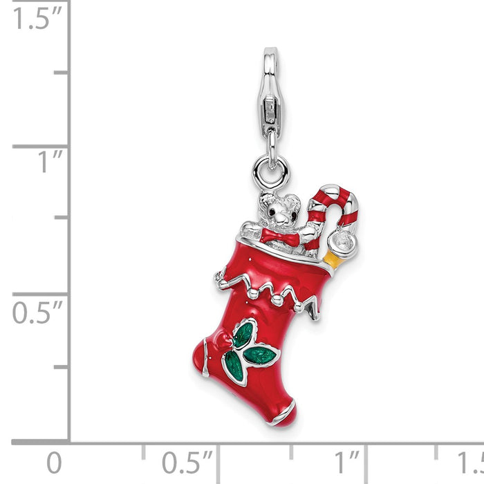 Million Charms 925 Sterling Silver With Rhodium-Plated 3-D Red Enameled Holiday Stocking With Lobster Clasp Charm