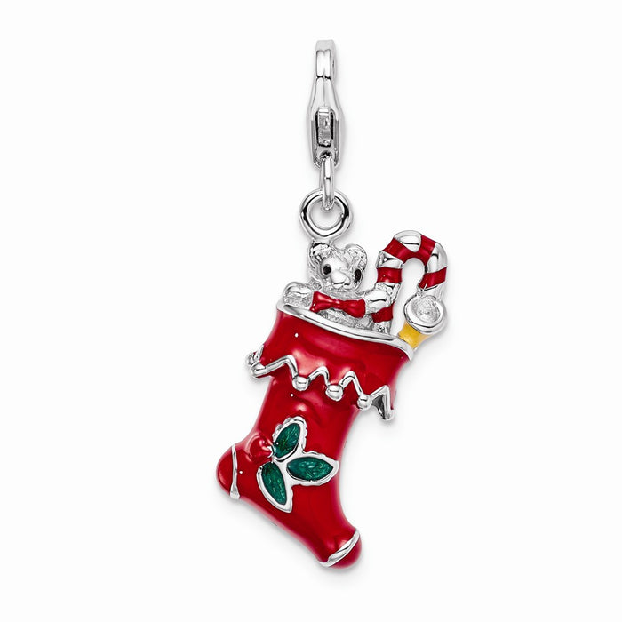 Million Charms 925 Sterling Silver With Rhodium-Plated 3-D Red Enameled Holiday Stocking With Lobster Clasp Charm