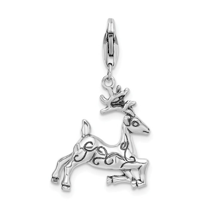 Million Charms 925 Sterling Silver Rhodium-Plated 3-D Polished Reindeer With Lobster Clasp Charm