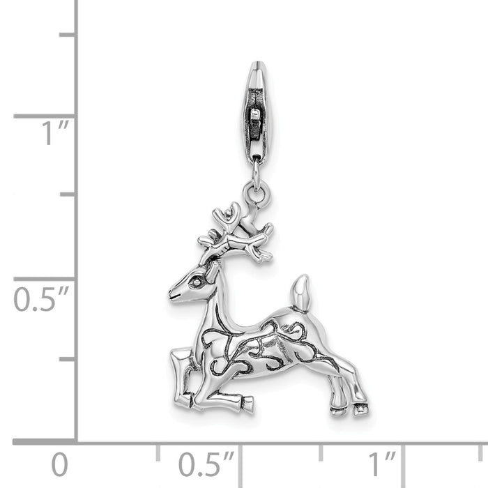 Million Charms 925 Sterling Silver Rhodium-Plated 3-D Polished Reindeer With Lobster Clasp Charm