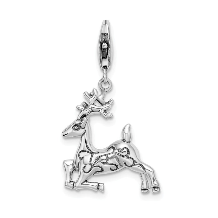 Million Charms 925 Sterling Silver Rhodium-Plated 3-D Polished Reindeer With Lobster Clasp Charm