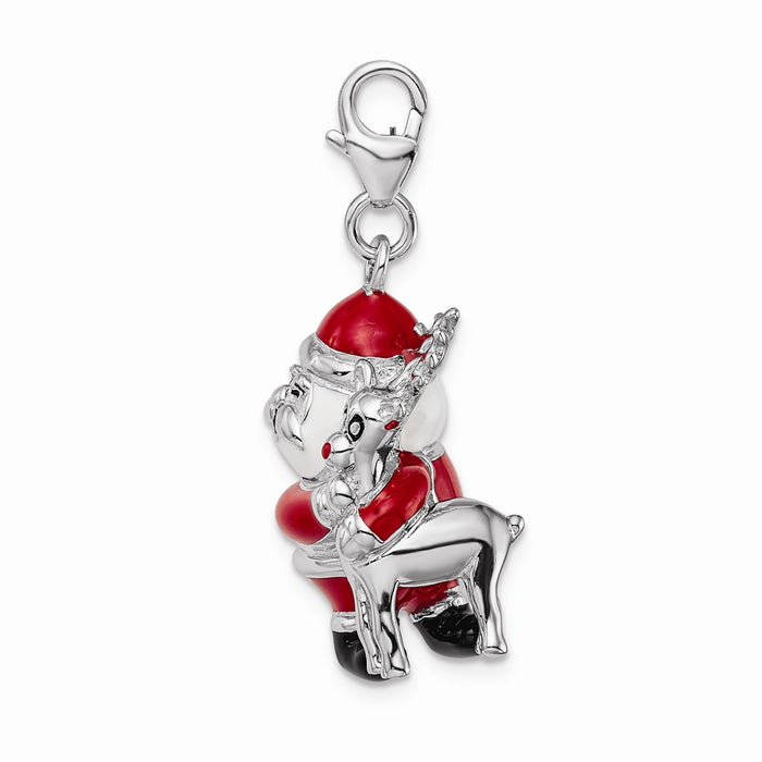 Million Charms 925 Sterling Silver With Rhodium-Plated 3-D Enameled Santa, Reindeer With Lobster Clasp Charm