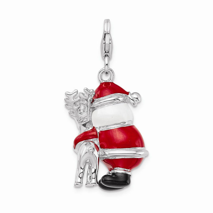 Million Charms 925 Sterling Silver With Rhodium-Plated 3-D Enameled Santa, Reindeer With Lobster Clasp Charm