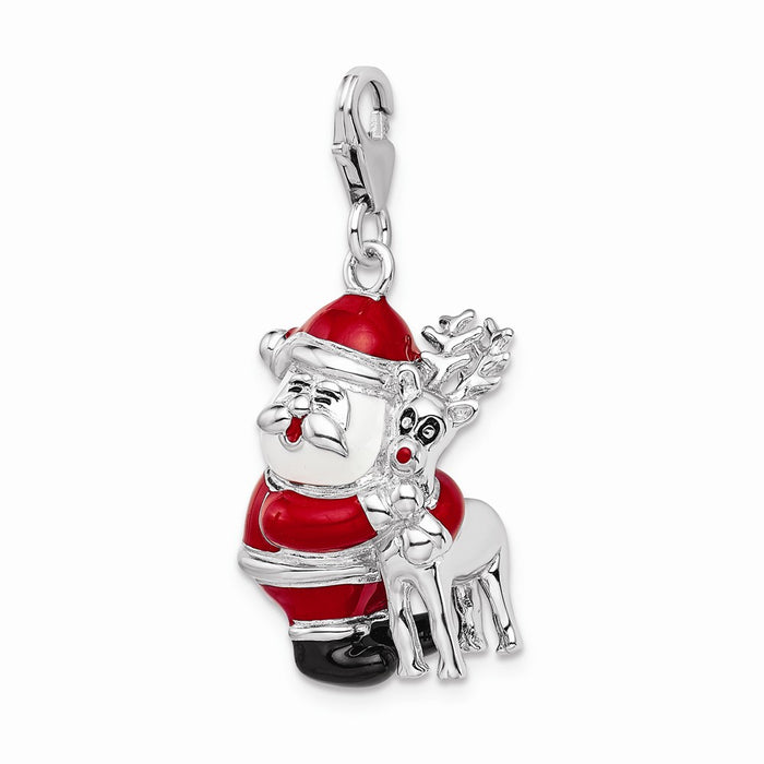 Million Charms 925 Sterling Silver With Rhodium-Plated 3-D Enameled Santa, Reindeer With Lobster Clasp Charm