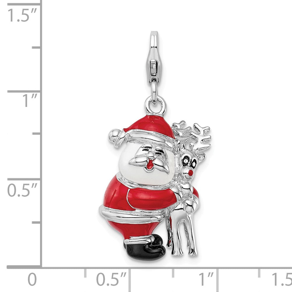 Million Charms 925 Sterling Silver With Rhodium-Plated 3-D Enameled Santa, Reindeer With Lobster Clasp Charm
