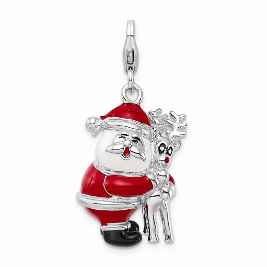 Million Charms 925 Sterling Silver With Rhodium-Plated 3-D Enameled Santa, Reindeer With Lobster Clasp Charm