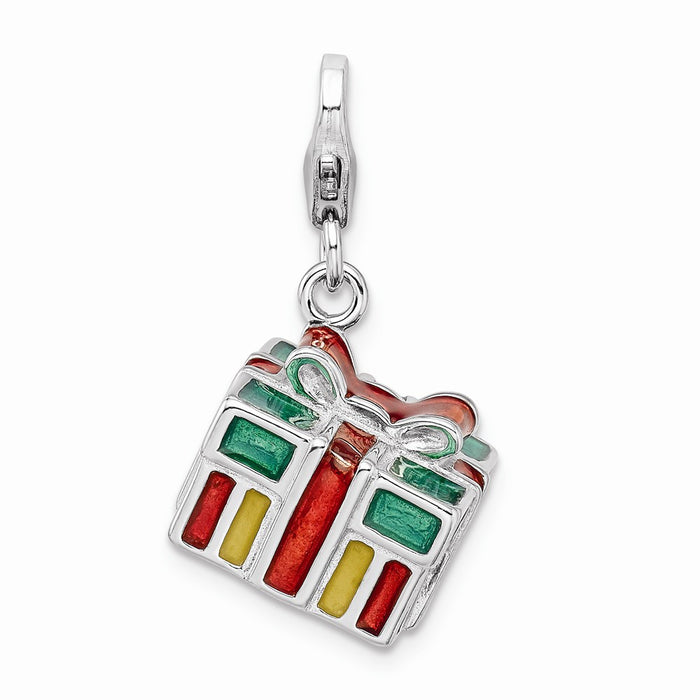 Million Charms 925 Sterling Silver Rhodium-Plated 3-D Enameled Gift Box With Lobster Clasp Charm