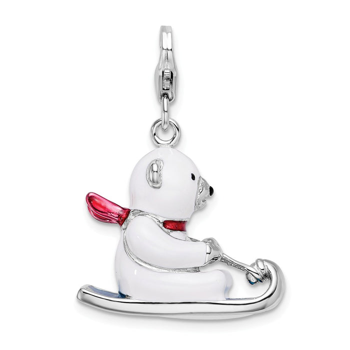 Million Charms 925 Sterling Silver With Rhodium-Plated 3-D Enameled Polar Bear On Sled With Lobster Clasp Charm