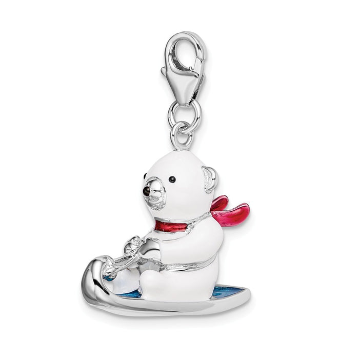 Million Charms 925 Sterling Silver With Rhodium-Plated 3-D Enameled Polar Bear On Sled With Lobster Clasp Charm