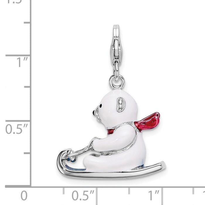 Million Charms 925 Sterling Silver With Rhodium-Plated 3-D Enameled Polar Bear On Sled With Lobster Clasp Charm