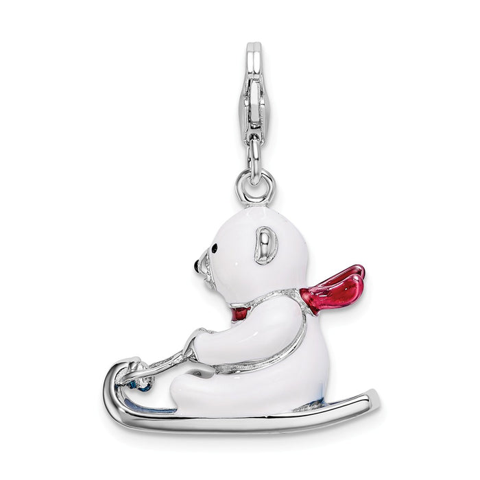 Million Charms 925 Sterling Silver With Rhodium-Plated 3-D Enameled Polar Bear On Sled With Lobster Clasp Charm