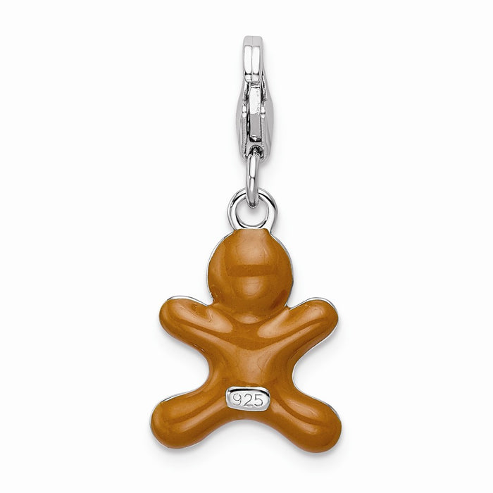 Million Charms 925 Sterling Silver With Rhodium-Plated 3-D Enameled Gingerbread Cookie With Lobster Clasp Charm