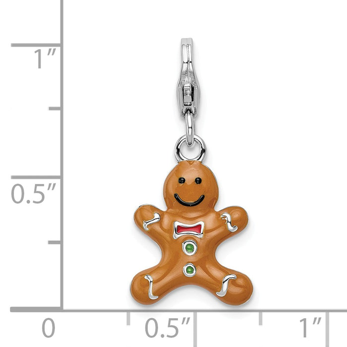 Million Charms 925 Sterling Silver With Rhodium-Plated 3-D Enameled Gingerbread Cookie With Lobster Clasp Charm