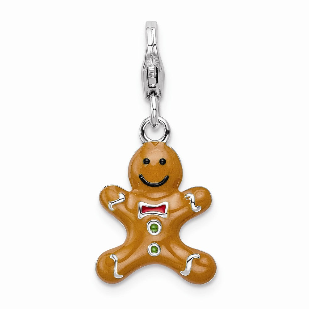 Million Charms 925 Sterling Silver With Rhodium-Plated 3-D Enameled Gingerbread Cookie With Lobster Clasp Charm