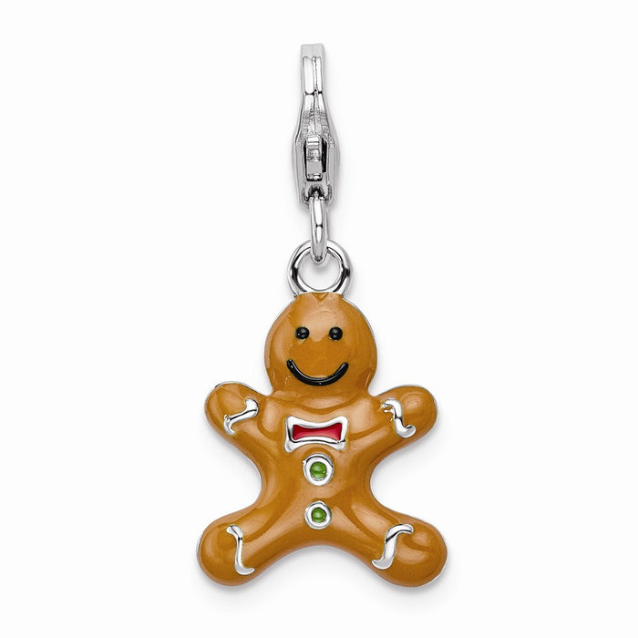 Million Charms 925 Sterling Silver With Rhodium-Plated 3-D Enameled Gingerbread Cookie With Lobster Clasp Charm