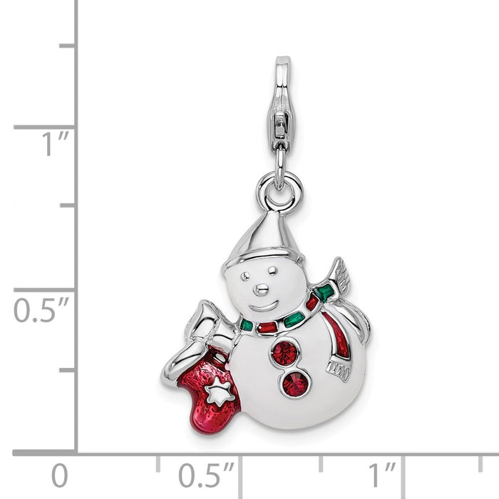 Million Charms 925 Sterling Silver With Rhodium-Plated Enameled Swarovski Crystals Snowman With Lobster Clasp Charm