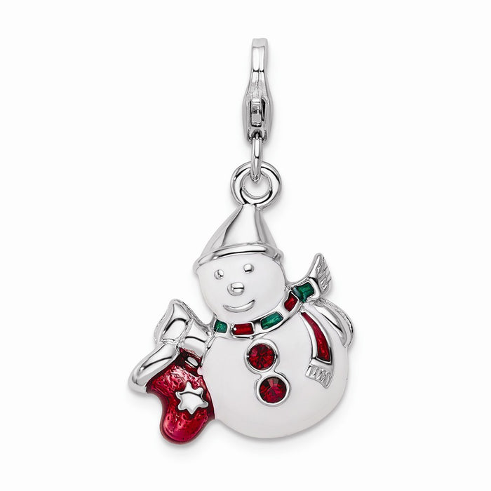 Million Charms 925 Sterling Silver With Rhodium-Plated Enameled Swarovski Crystals Snowman With Lobster Clasp Charm