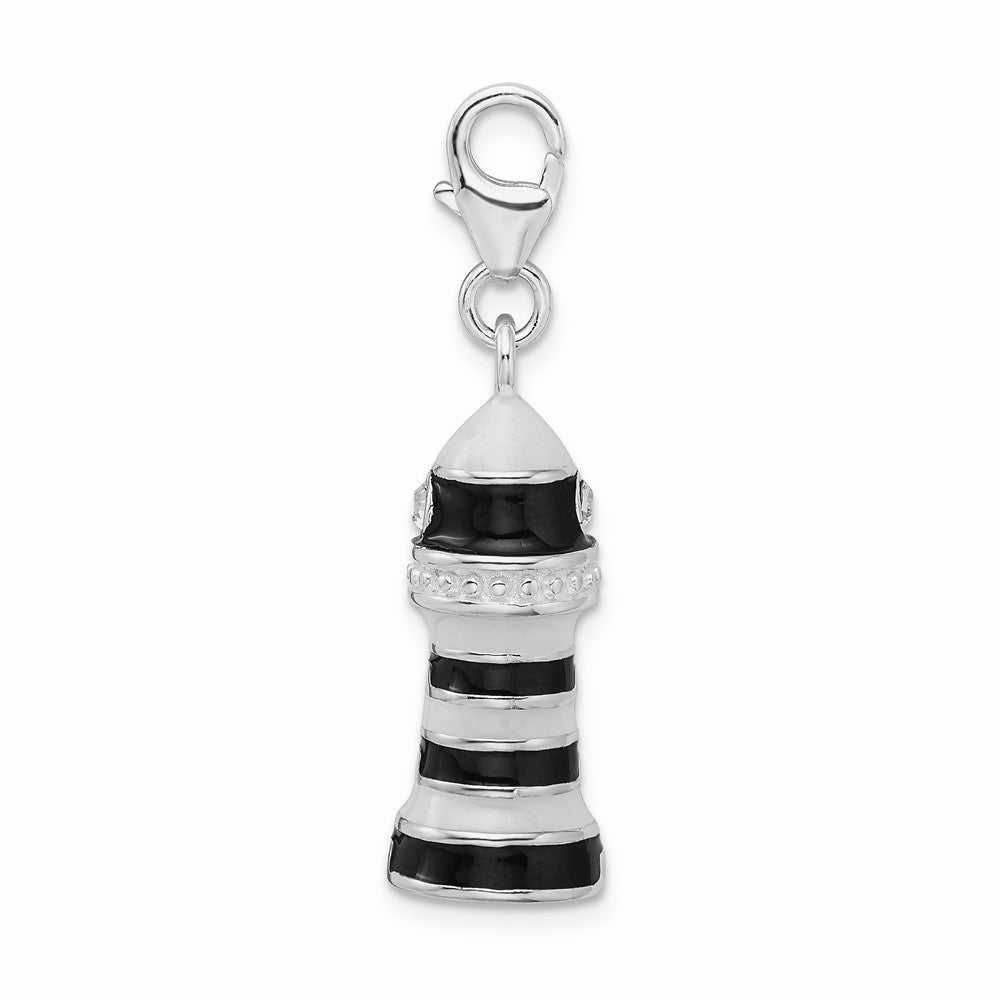 Million Charms 925 Sterling Silver With Rhodium-Plated 3-D Enameled Lighthouse With Lobster Clasp Charm