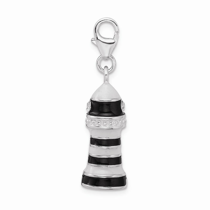 Million Charms 925 Sterling Silver With Rhodium-Plated 3-D Enameled Lighthouse With Lobster Clasp Charm