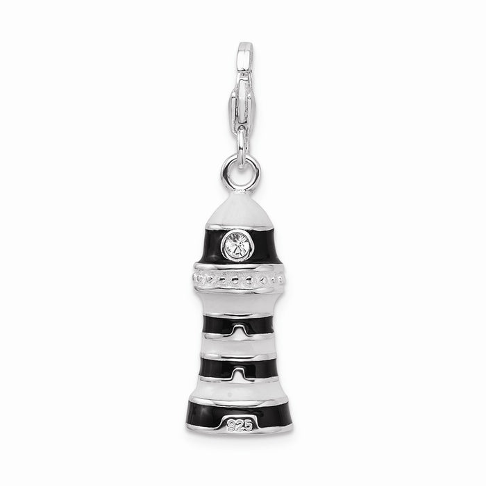 Million Charms 925 Sterling Silver With Rhodium-Plated 3-D Enameled Lighthouse With Lobster Clasp Charm