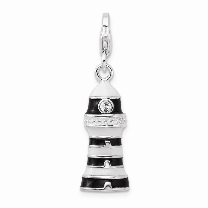 Million Charms 925 Sterling Silver With Rhodium-Plated 3-D Enameled Lighthouse With Lobster Clasp Charm