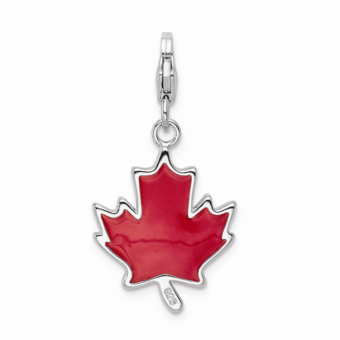 Million Charms 925 Sterling Silver With Rhodium-Plated 3-D Enameled Maple Leaf With Lobster Clasp Charm