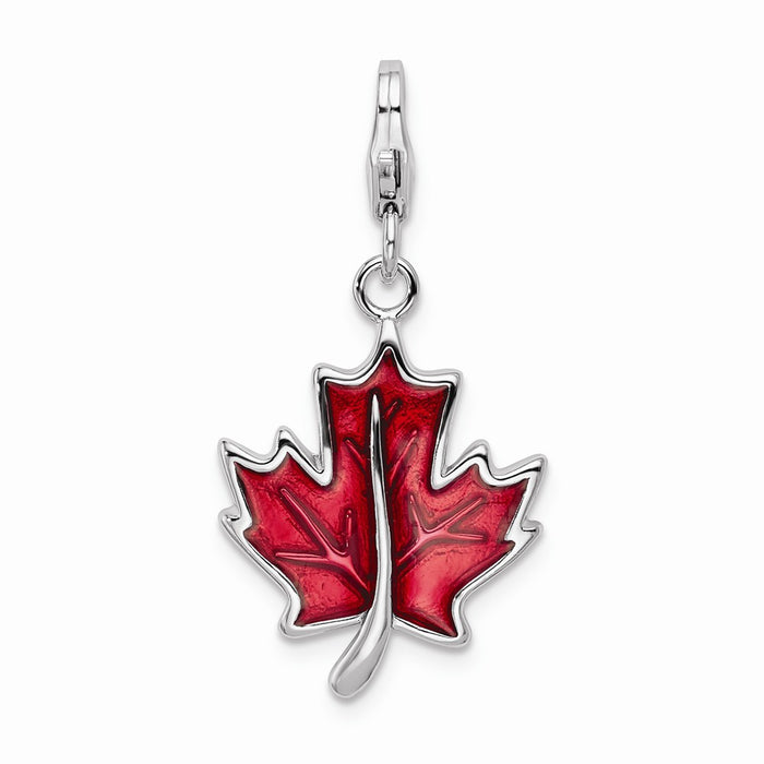 Million Charms 925 Sterling Silver With Rhodium-Plated 3-D Enameled Maple Leaf With Lobster Clasp Charm