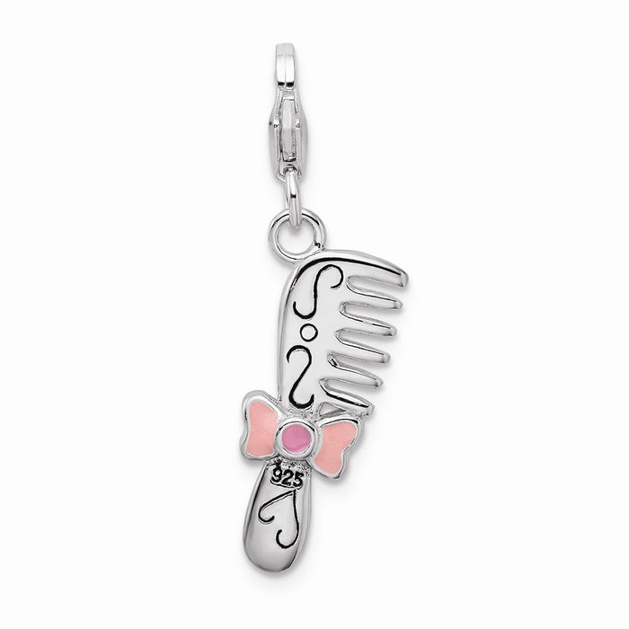 Million Charms 925 Sterling Silver Rhodium-Plated 3-D Enameled Comb With Lobster Clasp Charm