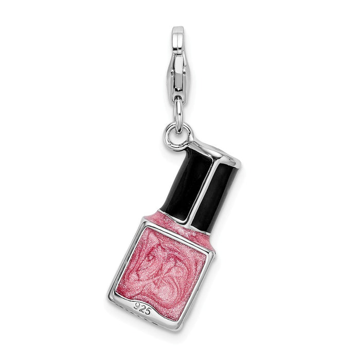 Million Charms 925 Sterling Silver With Rhodium-Plated 3-D Enameled Pink Nail Polish Bottle With Lobster Clasp Charm