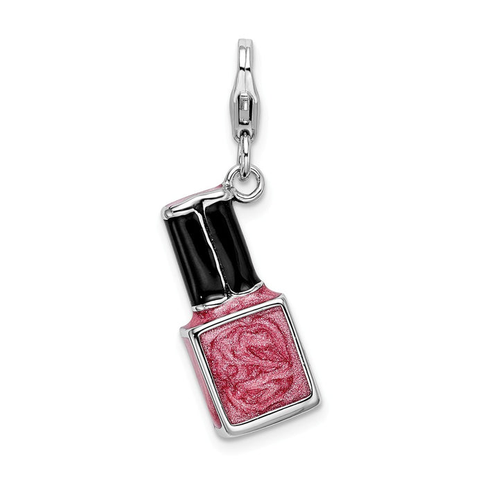 Million Charms 925 Sterling Silver With Rhodium-Plated 3-D Enameled Pink Nail Polish Bottle With Lobster Clasp Charm