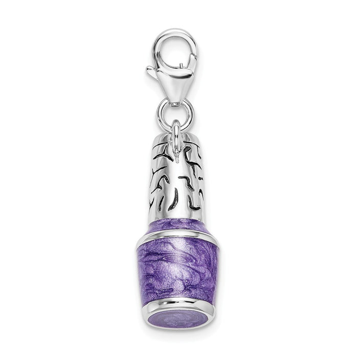 Million Charms 925 Sterling Silver With Rhodium-Plated 3-D Enameled Purple Nail Polish Bottle With Lobster Clasp Charm