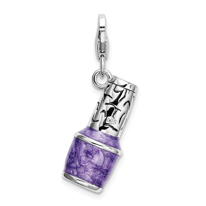 Million Charms 925 Sterling Silver With Rhodium-Plated 3-D Enameled Purple Nail Polish Bottle With Lobster Clasp Charm