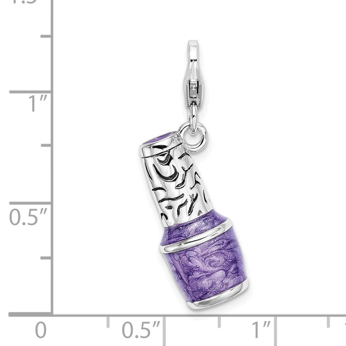 Million Charms 925 Sterling Silver With Rhodium-Plated 3-D Enameled Purple Nail Polish Bottle With Lobster Clasp Charm