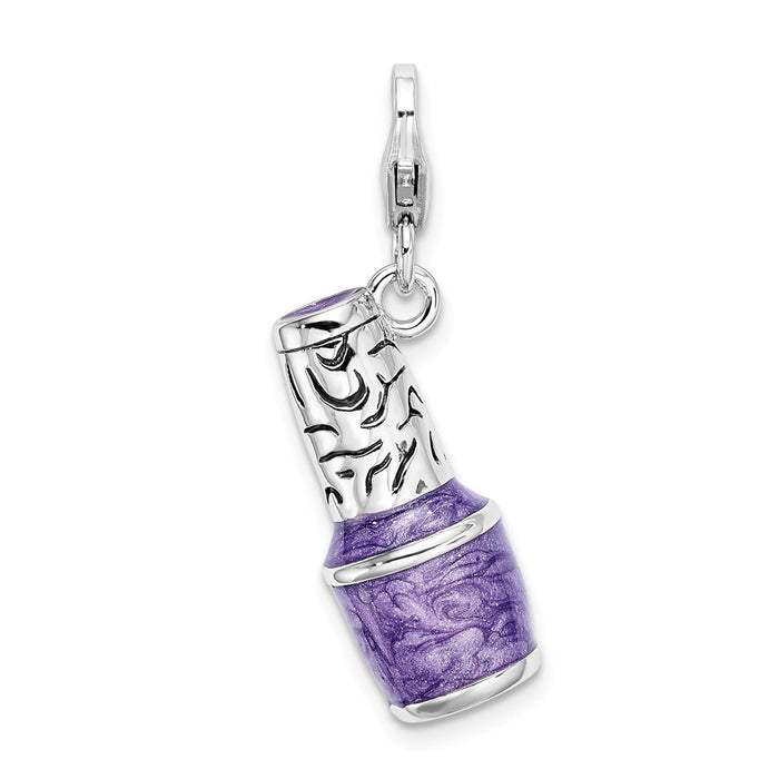 Million Charms 925 Sterling Silver With Rhodium-Plated 3-D Enameled Purple Nail Polish Bottle With Lobster Clasp Charm