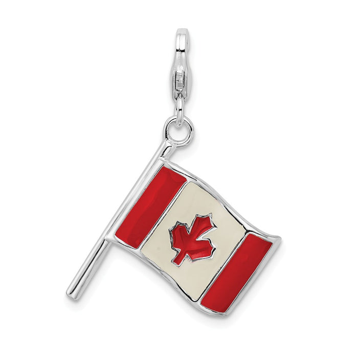 Million Charms 925 Sterling Silver With Rhodium-Plated 3-D Enameled Canadian Flag With Lobster Clasp Charm