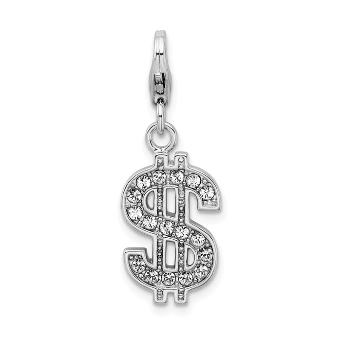 Million Charms 925 Sterling Silver With Rhodium-Plated Swarovski Crystals Dollar Sign With Lobster Clasp Charm